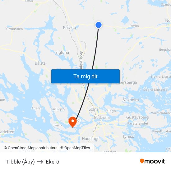 Tibble (Åby) to Ekerö map