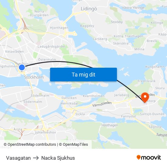 Vasagatan to Nacka Sjukhus map