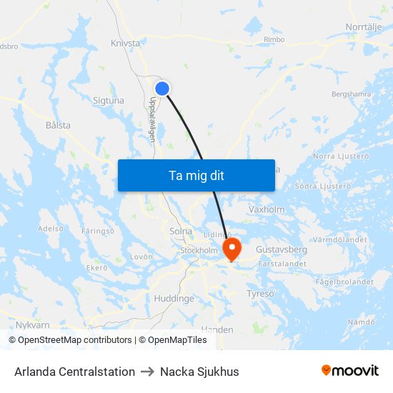 Arlanda Centralstation to Nacka Sjukhus map