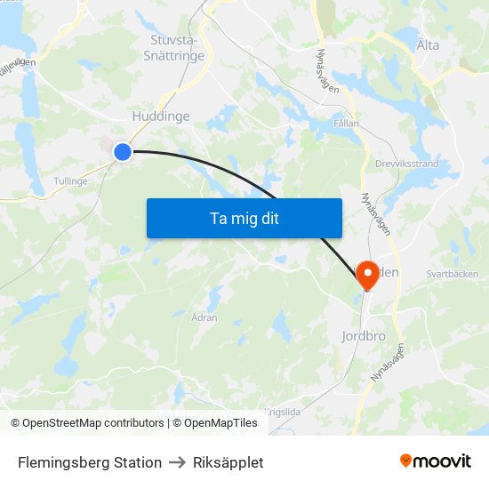 Flemingsberg Station to Riksäpplet map