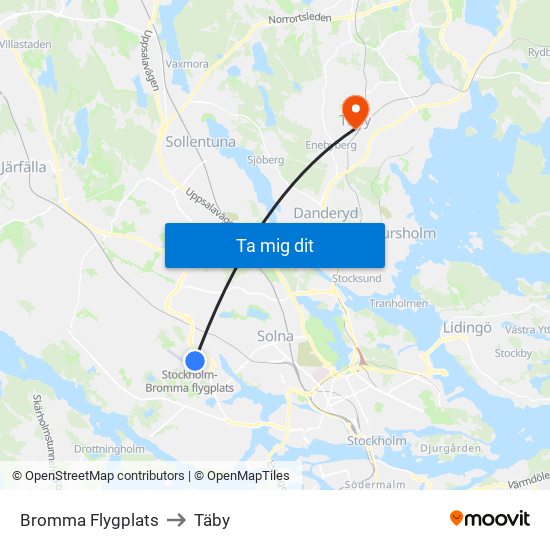 Bromma Flygplats to Täby map