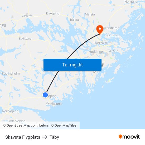 Skavsta Flygplats to Täby map