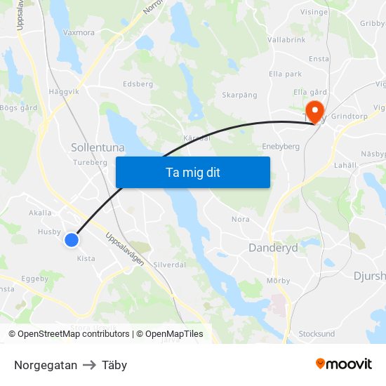 Norgegatan to Täby map