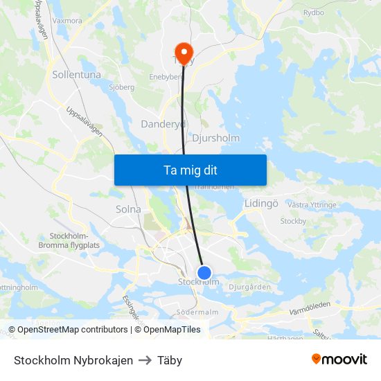 Stockholm Nybrokajen to Täby map