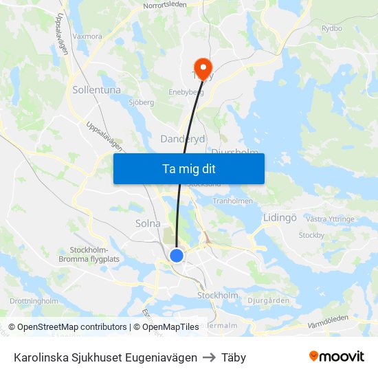 Karolinska Sjukhuset Eugeniavägen to Täby map