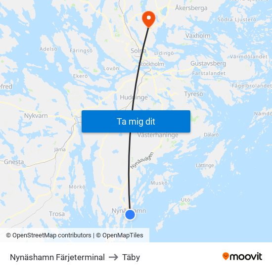 Nynäshamn Färjeterminal to Täby map