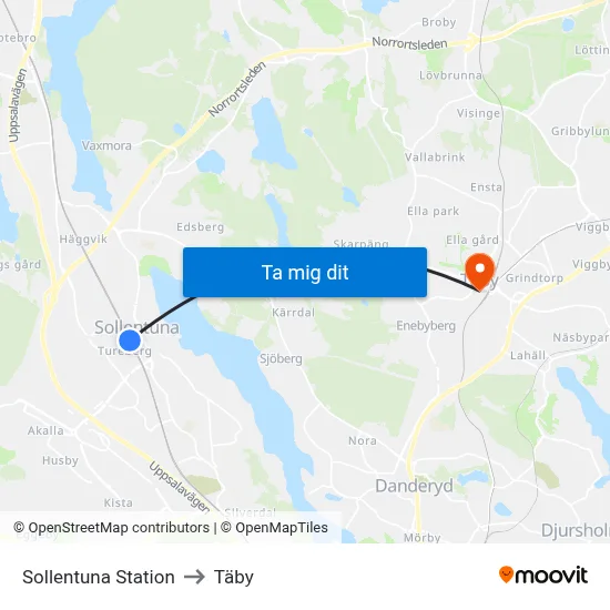 Sollentuna Station to Täby map