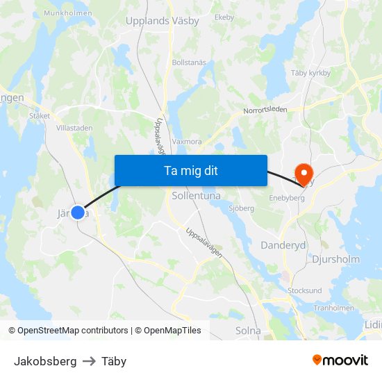 Jakobsberg to Täby map