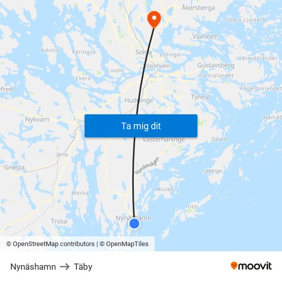 Nynäshamn to Täby map