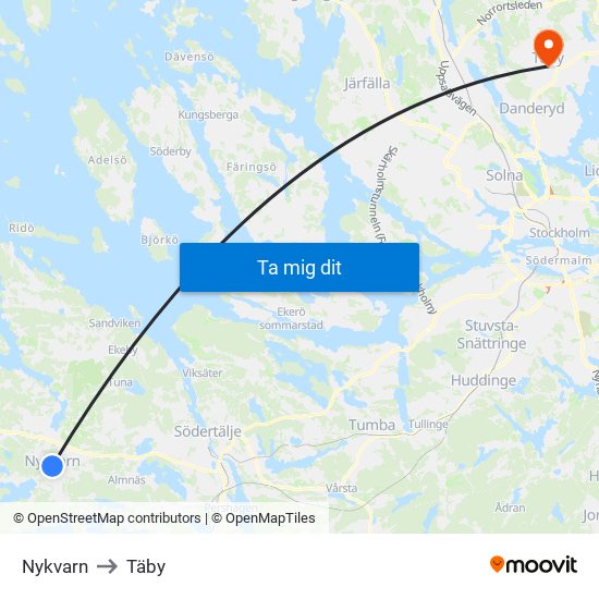 Nykvarn to Täby map