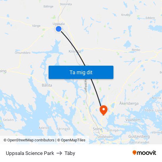 Uppsala Science Park to Täby map