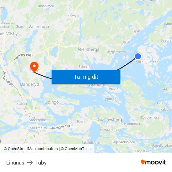 Linanäs to Täby map