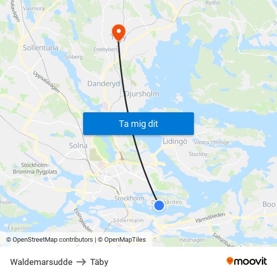 Waldemarsudde to Täby map