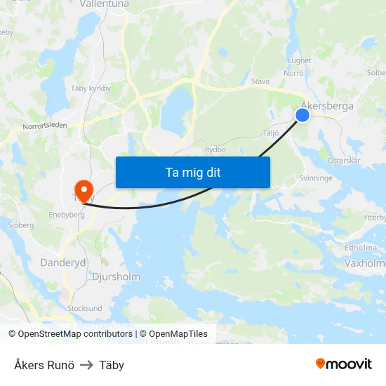 Åkers Runö to Täby map