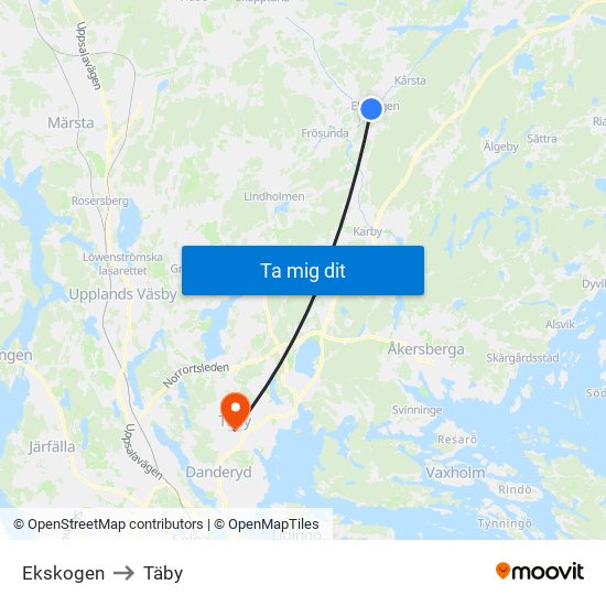 Ekskogen to Täby map