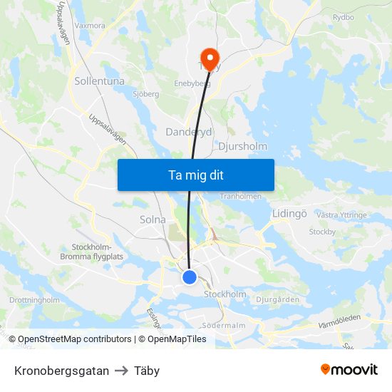 Kronobergsgatan to Täby map