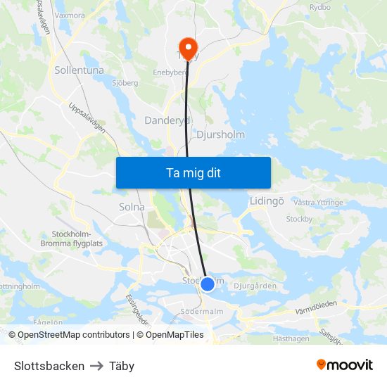 Slottsbacken to Täby map