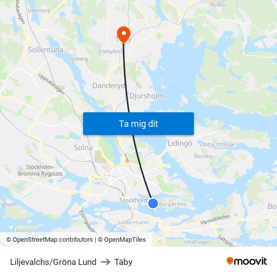 Liljevalchs/Gröna Lund to Täby map