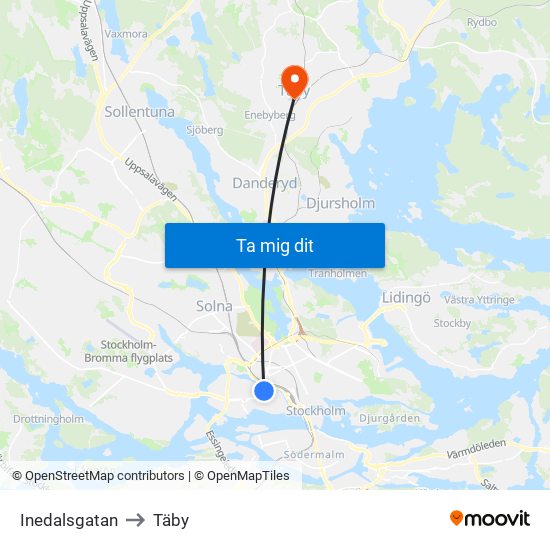 Inedalsgatan to Täby map