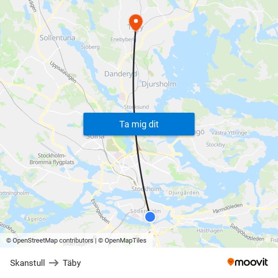 Skanstull to Täby map