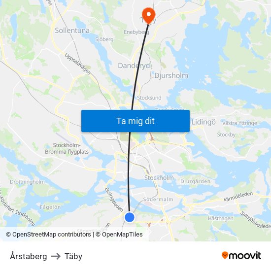 Årstaberg to Täby map