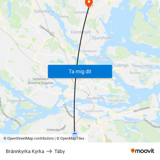 Brännkyrka Kyrka to Täby map