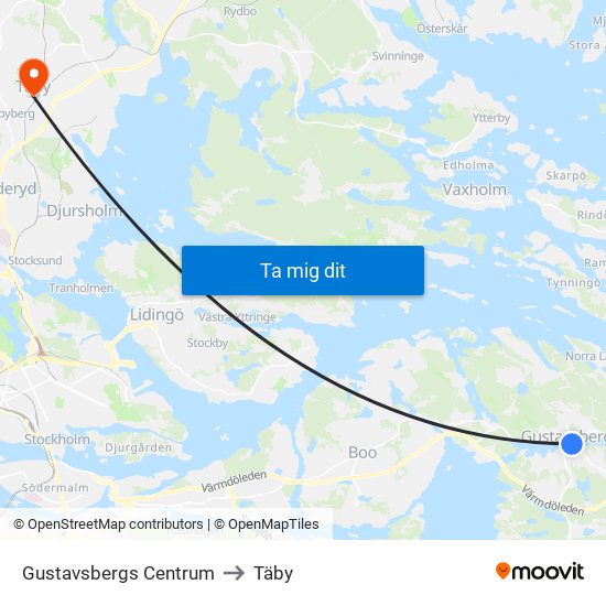 Gustavsbergs Centrum to Täby map