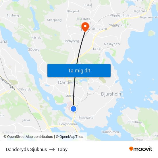 Danderyds Sjukhus to Täby map