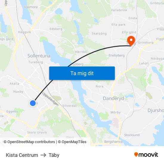 Kista Centrum to Täby map