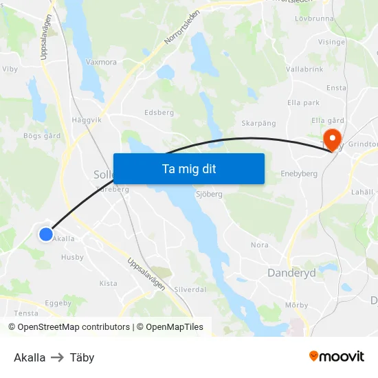 Akalla to Täby map