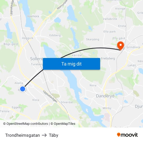 Trondheimsgatan to Täby map