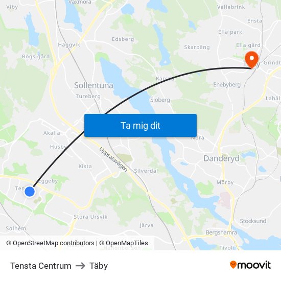 Tensta Centrum to Täby map