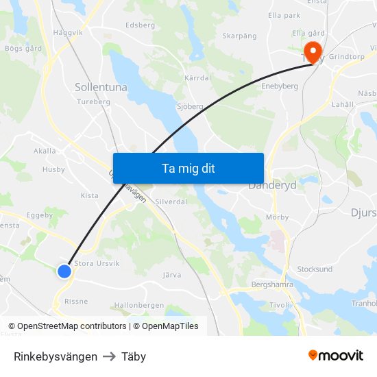 Rinkebysvängen to Täby map