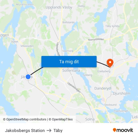 Jakobsbergs Station to Täby map