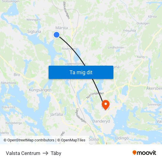 Valsta Centrum to Täby map