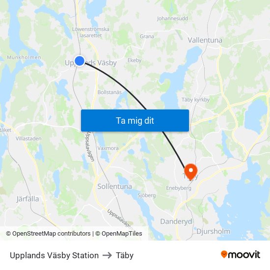 Upplands Väsby Station to Täby map