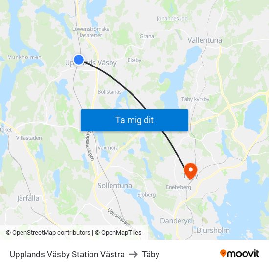 Upplands Väsby Station Västra to Täby map