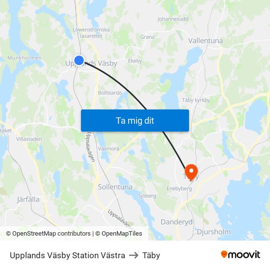 Upplands Väsby Station Västra to Täby map