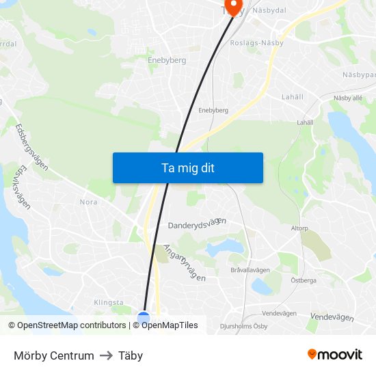 Mörby Centrum to Täby map