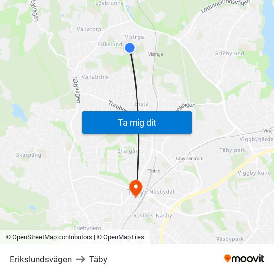 Erikslundsvägen to Täby map