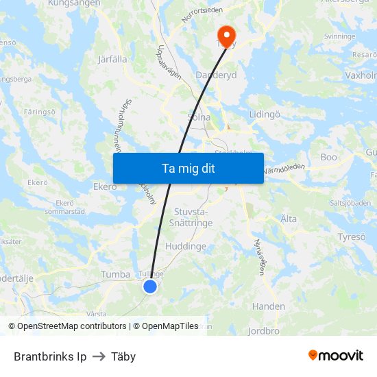 Brantbrinks Ip to Täby map