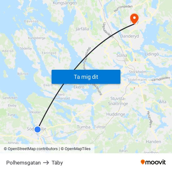 Polhemsgatan to Täby map