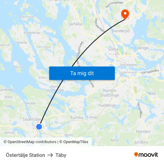 Östertälje Station to Täby map