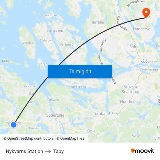 Nykvarns Station to Täby map