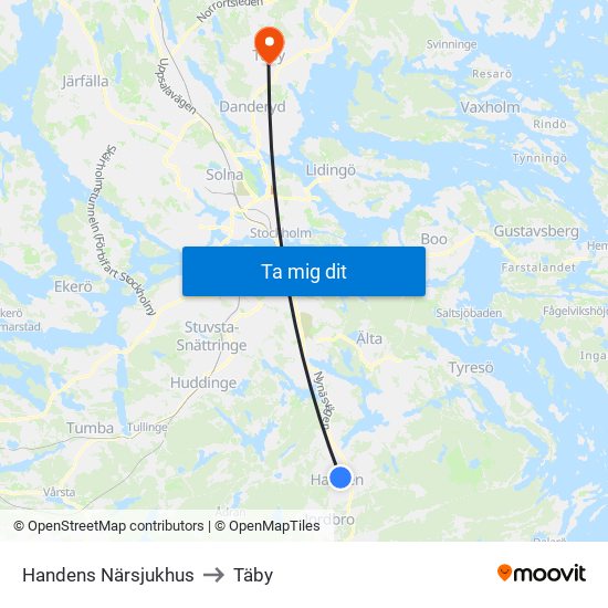 Handens Närsjukhus to Täby map