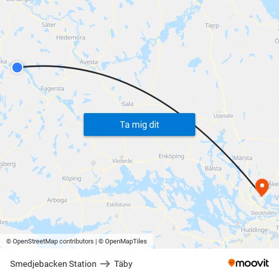 Smedjebacken Station to Täby map