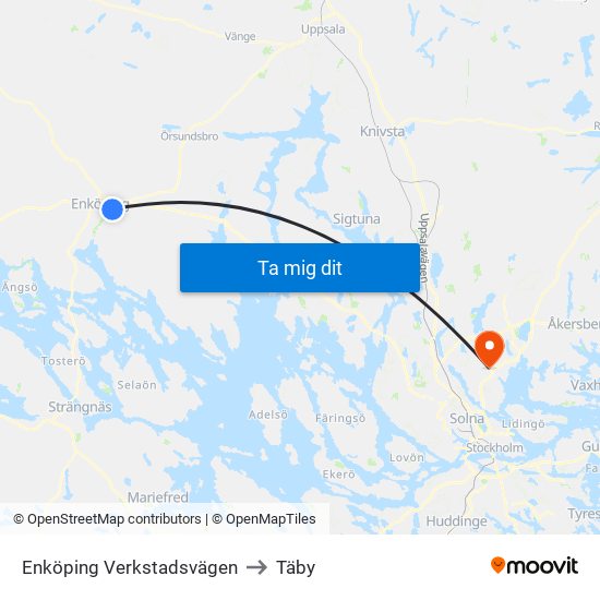 Enköping Verkstadsvägen to Täby map