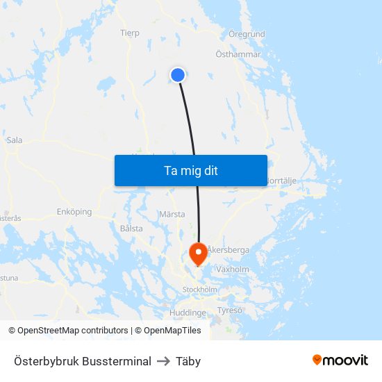 Österbybruk Bussterminal to Täby map