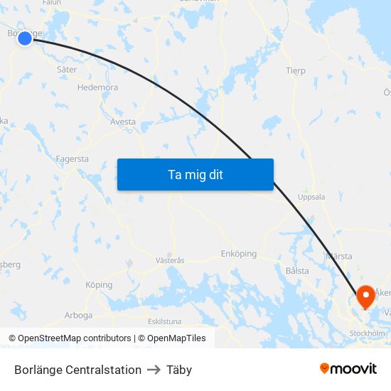 Borlänge Centralstation to Täby map