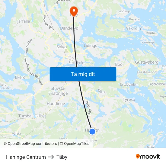 Haninge Centrum to Täby map